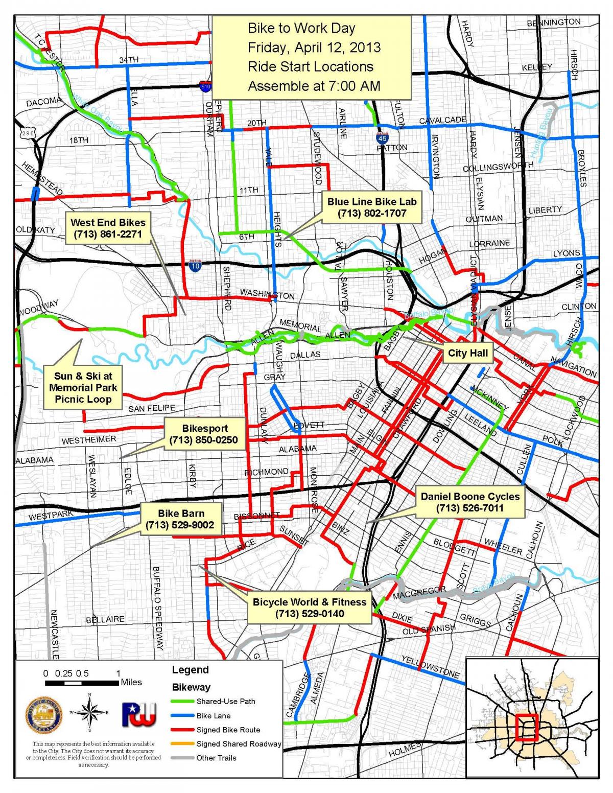 dviračių takai Houston žemėlapyje