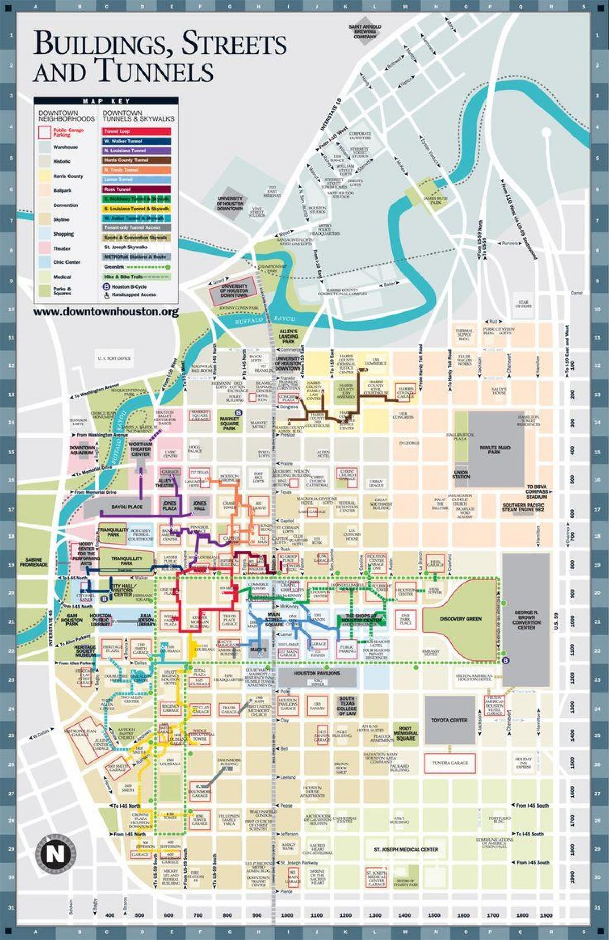 downtown Houston tunelio žemėlapyje
