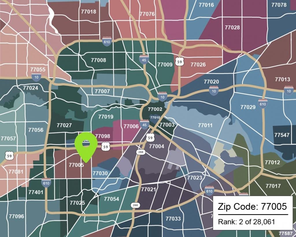 Houston žemėlapį su zip kodai